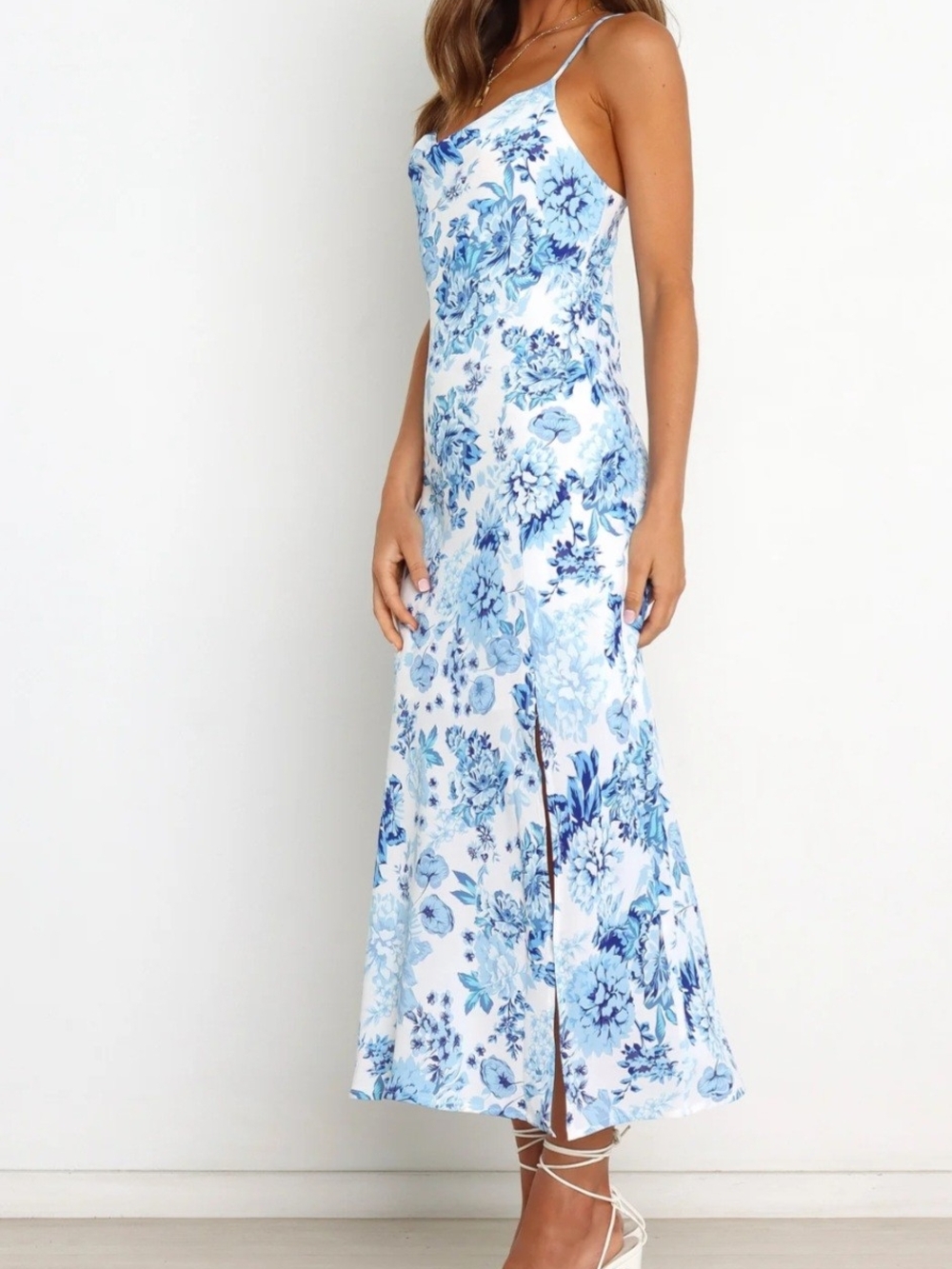 Petal & Pup Yelena Blue and White Floral Slip Midi Dress - Picture 3 of 12
